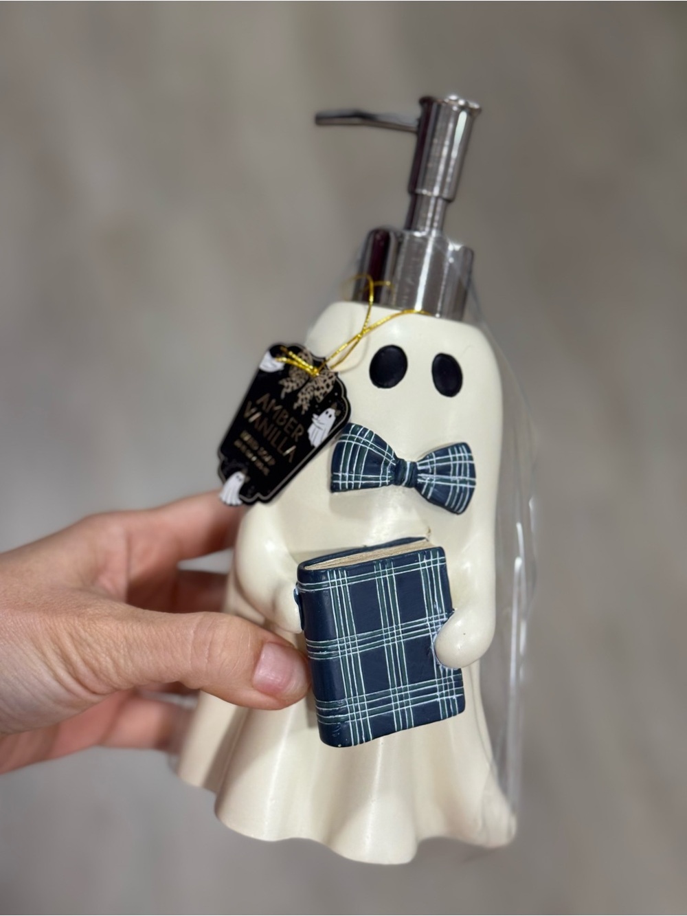 Amber & Vanilla Cream Ghost Soap Dispenser with Navy Plaid Accents